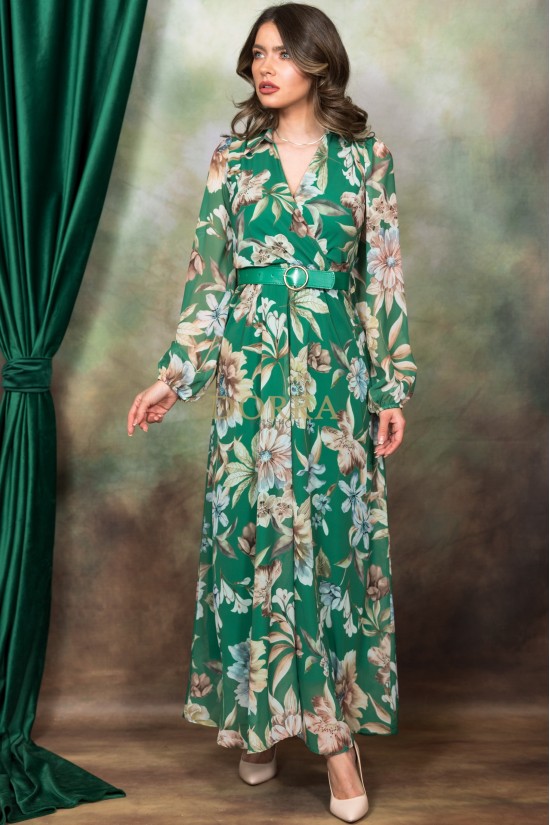 Rochie Zenaida din voal verde imprimat, cu maneca lunga, guler si curea