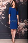 Rochie Nicoleta albastra din jerse plin, cu vipusca neagra si nasturi decorativi pe fusta
