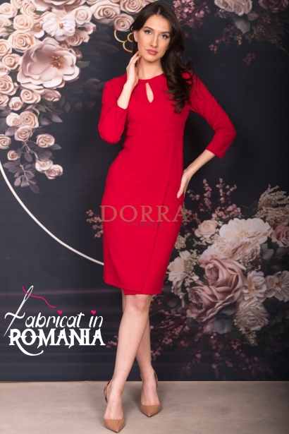 Rochie office Carisma rosie cu fronseuri si decupaj la decolteu