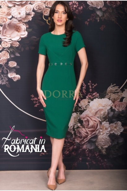 Rochie office Figaro verde cu maneca scurta si inele in talie