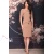 Rochie Nicoleta bej din jerse plin, cu vipusca neagra si nasturi decorativi pe fusta