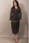 Rochie midi Luana din voal kaki imprimat, cu maneca lunga si elastic in talie