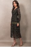 Rochie midi Luana din voal kaki imprimat, cu maneca lunga si elastic in talie