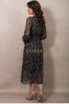 Rochie midi Luana din voal kaki imprimat, cu maneca lunga si elastic in talie