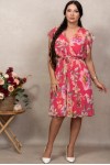 Rochie Anabelle din voal rosu cu imprimeu floral, pieptii petrecuti si elastic in talie