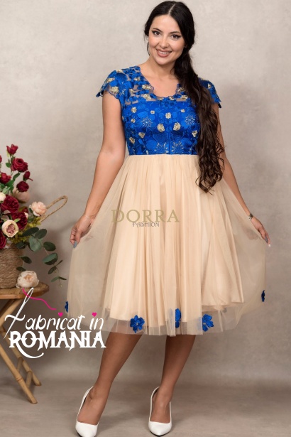Rochie de ocazie Mariah din tull brodat albastru si tull crem