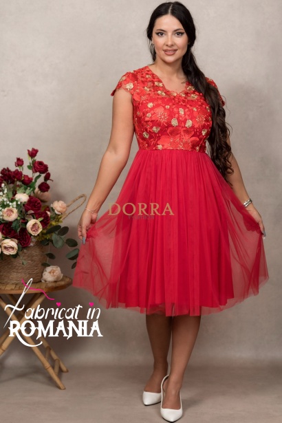 Rochie de ocazie Mariah din tull rosu, cu broderie