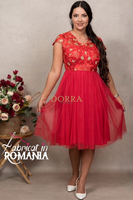 Rochie de ocazie Mariah din tull rosu, cu broderie