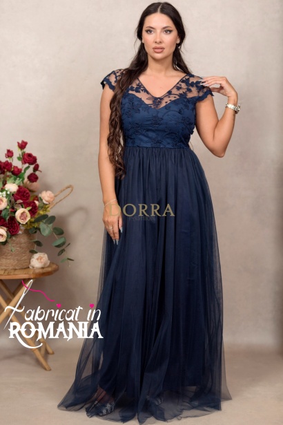 Rochie de seara Bridge din dantela brodata si tull bleumarin