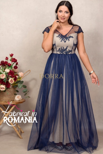 Rochie de seara Lorina din tull bleumarin cu dublura nude