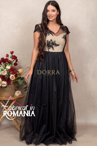 Rochie de seara Lorina din tull negru cu dublura nude