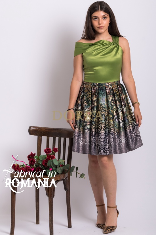 Rochie Baccara din satin vernil si tafta multicolora