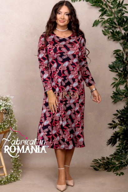Rochie midi Universe din jerse de bumbac multicolor, cu croiala clos si maneca 3/4