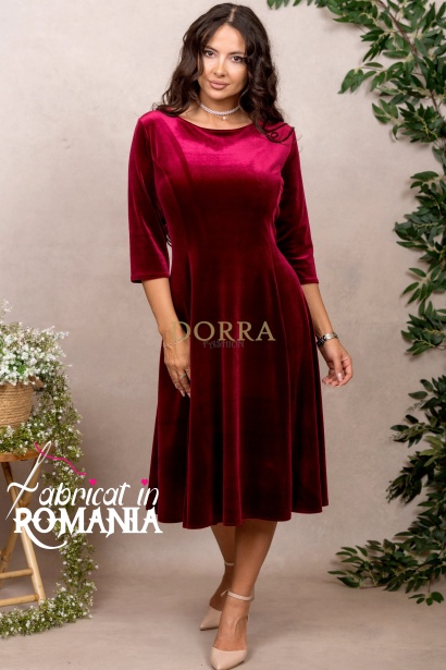 Rochie Daniela din catifea grena cu croiala in clini