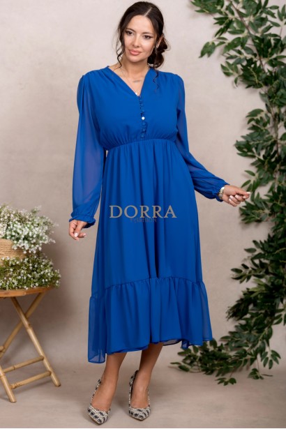 Rochie Kimberly din voal albastru, cu maneca lunga si elastic in talie