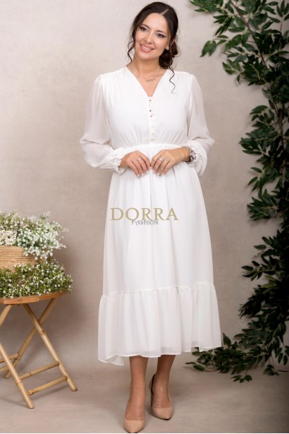 Rochie Kimberly din voal ivoire, cu maneca lunga si elastic in talie