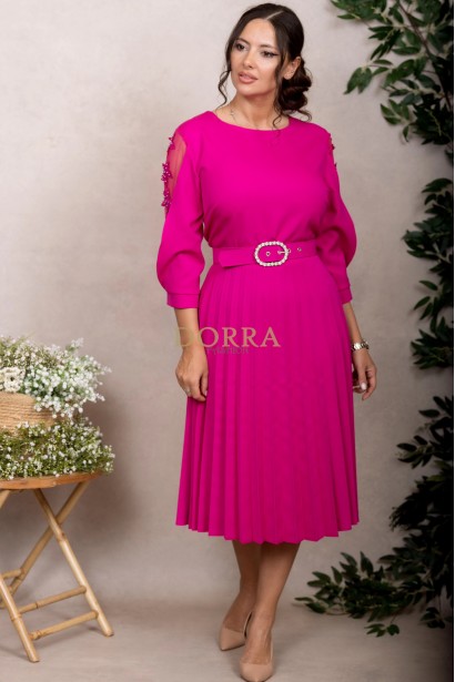 Rochie de ocazie Edith ciclame cu maneci din tull si fusta plisata