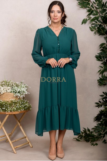 Rochie Kimberly din voal verde, cu maneca lunga si elastic in talie