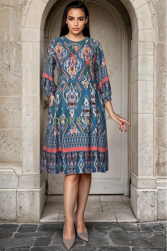 Rochie Amelia din vascoza turquoise, cu maneca 3/4 si pense in talie