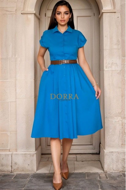Rochie midi Kaylee din stofa turquoise, cu nasturi si buzunare