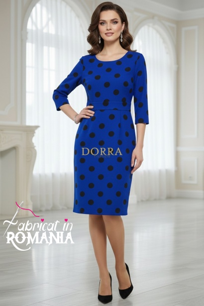 Rochie Abril cu croiala usor cambrata, din jerse albastru cu buline