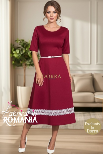 Rochie Amalya din jerse de bumbac grena, cu dantela si curea