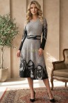 Rochie Andrada din tricot gri cu imprimeu floral, maneca lunga si catarama in talie