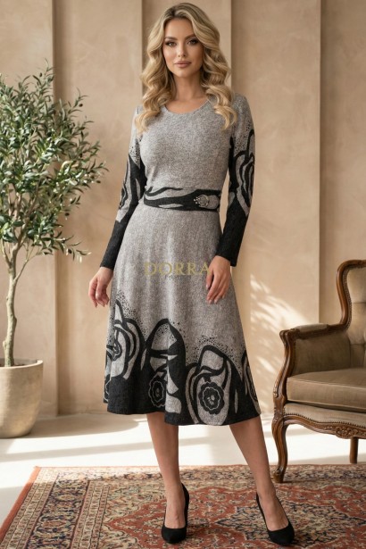 Rochie Andrada din tricot gri cu imprimeu floral, maneca lunga si catarama in talie