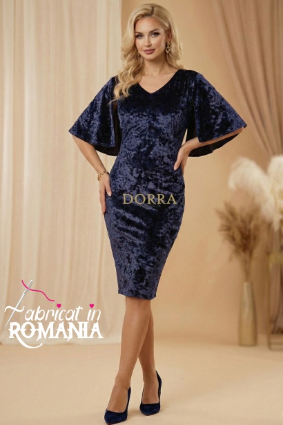 Rochie Angela din catifea bleumarin, cu croiala pe corp si maneci tip capa