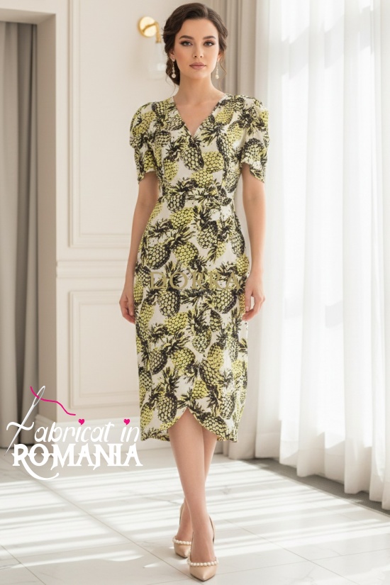 Rochie petrecuta Ania din vascoza cu imprimeu vegetal, maneca scurta si nasturi in talie