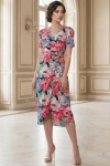 Rochie petrecuta Ania din vascoza cu imprimeu floral roz, maneca scurta si nasturi in talie