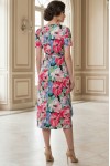 Rochie petrecuta Ania din vascoza cu imprimeu floral roz, maneca scurta si nasturi in talie