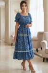 Rochie Arabela din bumbac bleumarin cu imprimeu floral, decolteu patrat si volan