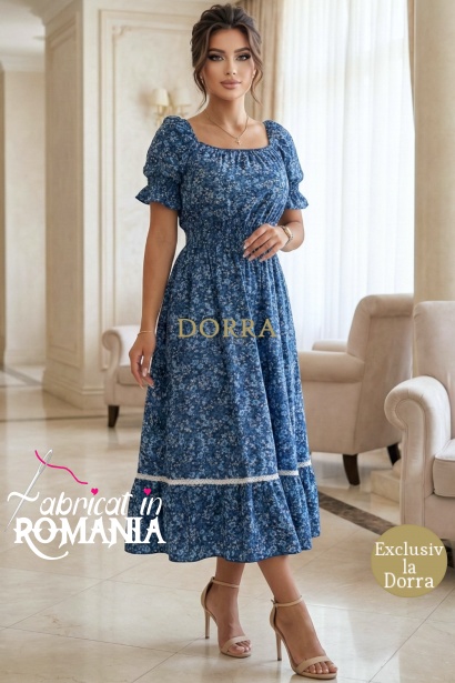 Rochie Arabela din bumbac bleumarin cu imprimeu floral, decolteu patrat si volan
