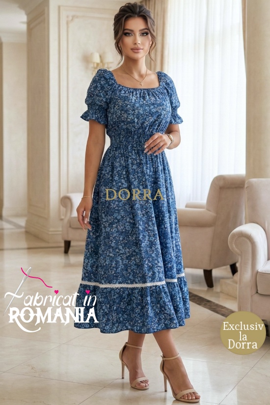 Rochie Arabela din bumbac bleumarin cu imprimeu floral, decolteu patrat si volan