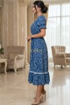 Rochie Arabela din bumbac bleumarin cu imprimeu floral, decolteu patrat si volan