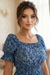 Rochie Arabela din bumbac bleumarin cu imprimeu floral, decolteu patrat si volan