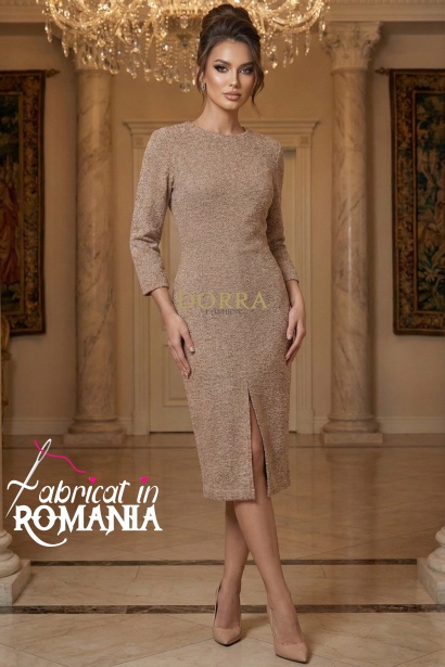 Rochie de ocazie Aroma din lurex auriu, cu crapatura