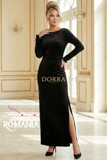 Rochie de seara Aurora din catifea neagra cu sclipici, maneca lunga si spate gol