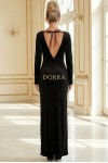 Rochie de seara Aurora din catifea neagra cu sclipici, maneca lunga si spate gol