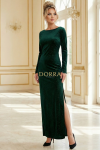 Rochie de seara Aurora din catifea verde cu sclipici, maneca lunga si spate gol