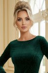 Rochie de seara Aurora din catifea verde cu sclipici, maneca lunga si spate gol
