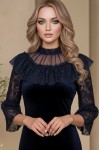Rochie Belize din catifea bleumarin, cu aplicatie de dantela la decolteu si platca de tull