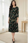 Rochie midi Bonnie din jerse imprimat, cu maneca 3/4 si pense in talie