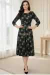 Rochie midi Bonnie din jerse imprimat, cu maneca 3/4 si pense in talie