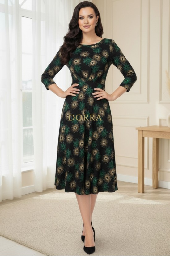 Rochie midi Bonnie din jerse imprimat, cu maneca 3/4 si pense in talie