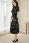 Rochie midi Bonnie din jerse imprimat, cu maneca 3/4 si pense in talie