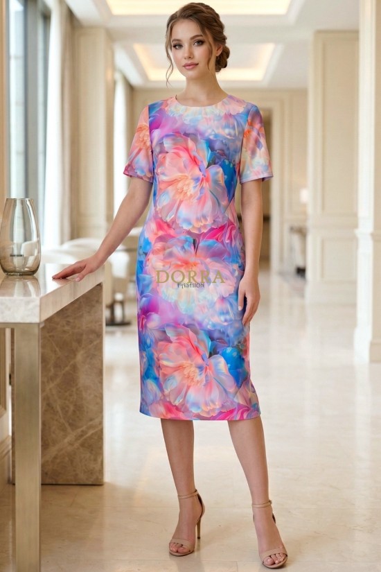 Rochie Carisa multicoloră cu croială ușor cambrată, mânecă scurtă și buzunare