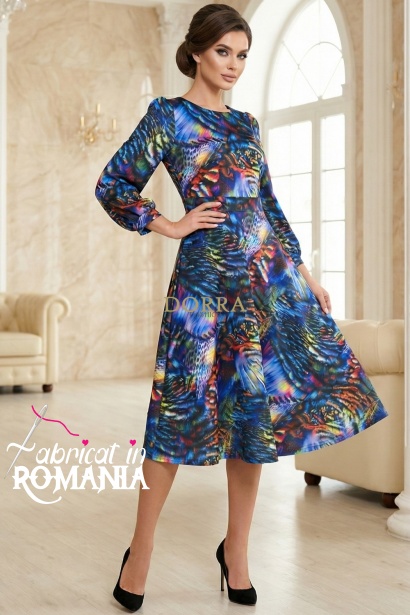 Rochie cocktail Catalina din tafta imprimata abstract, cu captuseala si buzunare