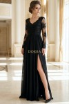Rochie lunga de seara Celeste din dantela brodata si voal negru